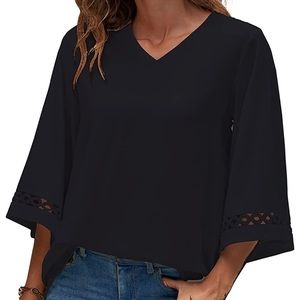 Women's 3/4 Ruffle Sleeve Lace Crochet Tops Blouse Flowy Vneck